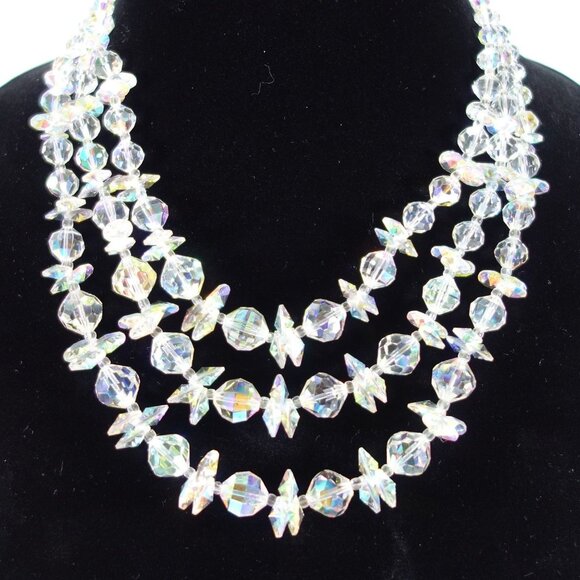 Vintage 1950s Vendome Faceted Triple Strand Aurora Borealis Crystal Necklace - Picture 1 of 11